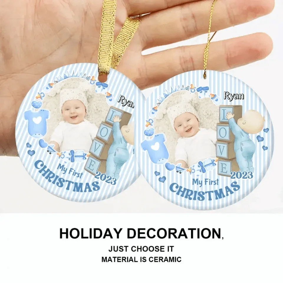 Personalized Newborn Gift Baby First Xmas Photo Ceramic Circle Ornament