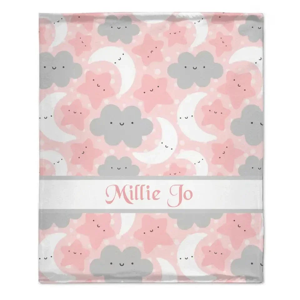 Personalized Pink Blue Moon Stars Clouds Baby Blanket