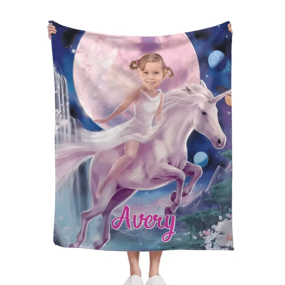 Personalized Pink Dress Princess Ride Unicorn Blanket