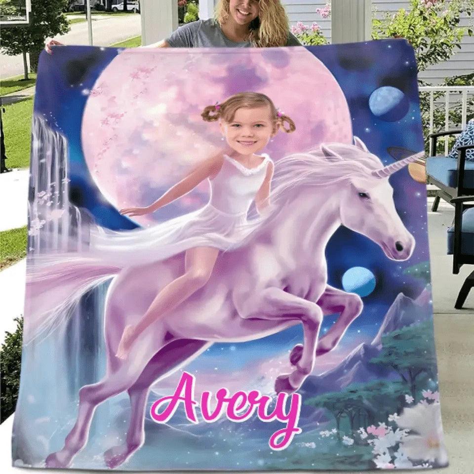 Personalized Pink Dress Princess Ride Unicorn Blanket