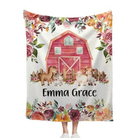 Floral Girl Farm Animal Blanket, Personalized Baby Girl Name Custom Blanket - Joliny
