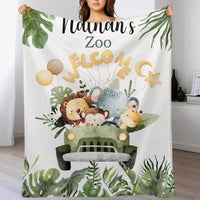 Personalized Watercolor Safari Animals Welcoming with Truck Blanket - Joliny