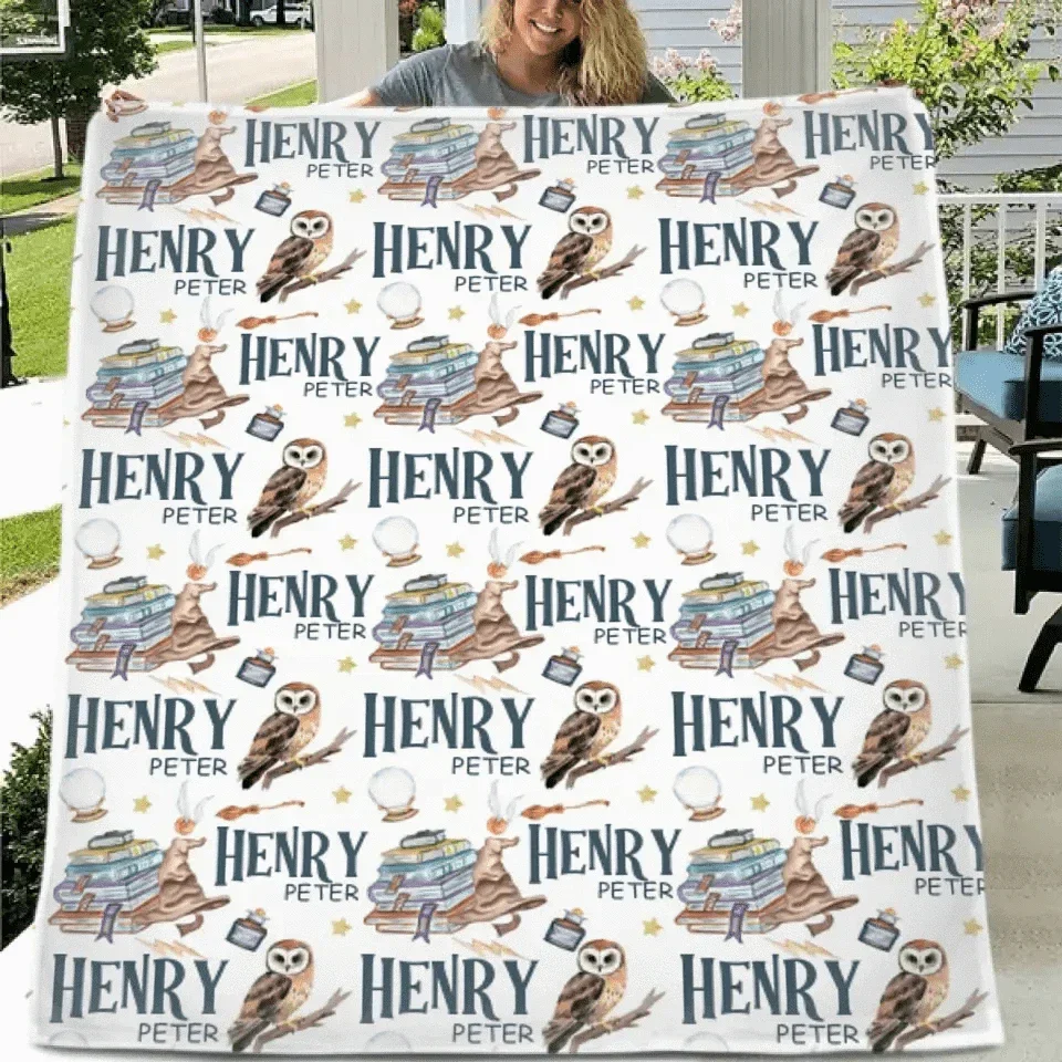 Personalized Wizard Owl Magic Book Custom Baby Name Blanket