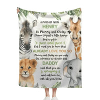 Personalized Zebra Lion Baby Elephant Deer On The Left And Right Sides Woodland Blanket- Mommy And Daddy - Joliny