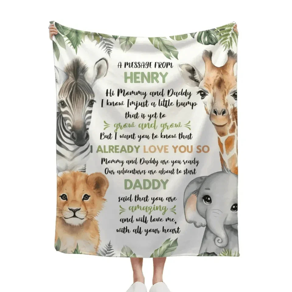 Personalized Zebra Lion Baby Elephant Deer On The Left And Right Sides Woodland Blanket- Mommy And Daddy