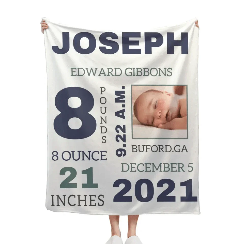 Photo Newborn Blanket With Baby'S Name, Date And Weight Gifts For Newborns - Joliny