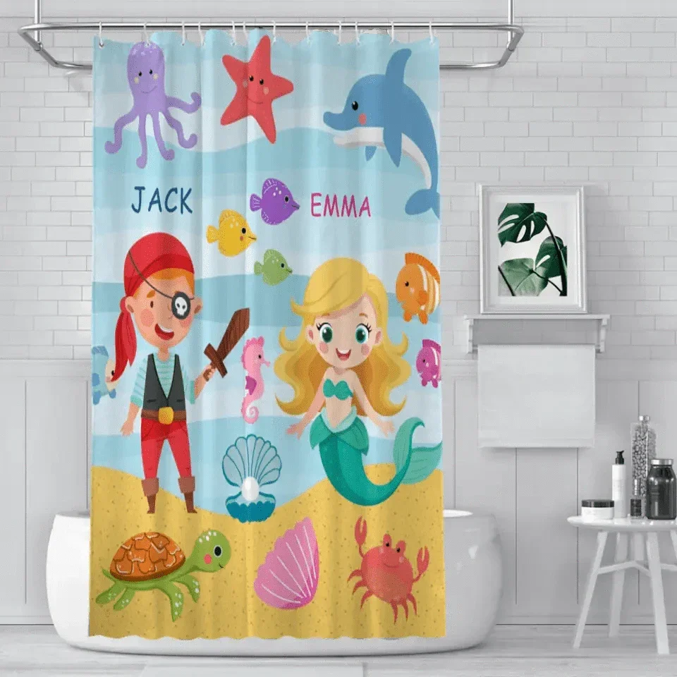 Sea Animals Brother Sister Mermaid Pirate Names Shower Curtain Bathroom Decoration - Joliny