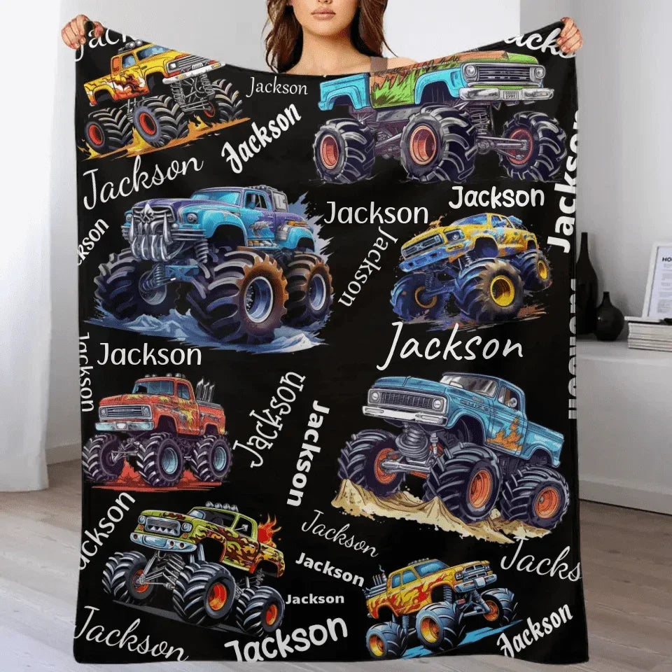 Monster Trucks Cars Motorcycles Collection - Customized Kids Name Blanket