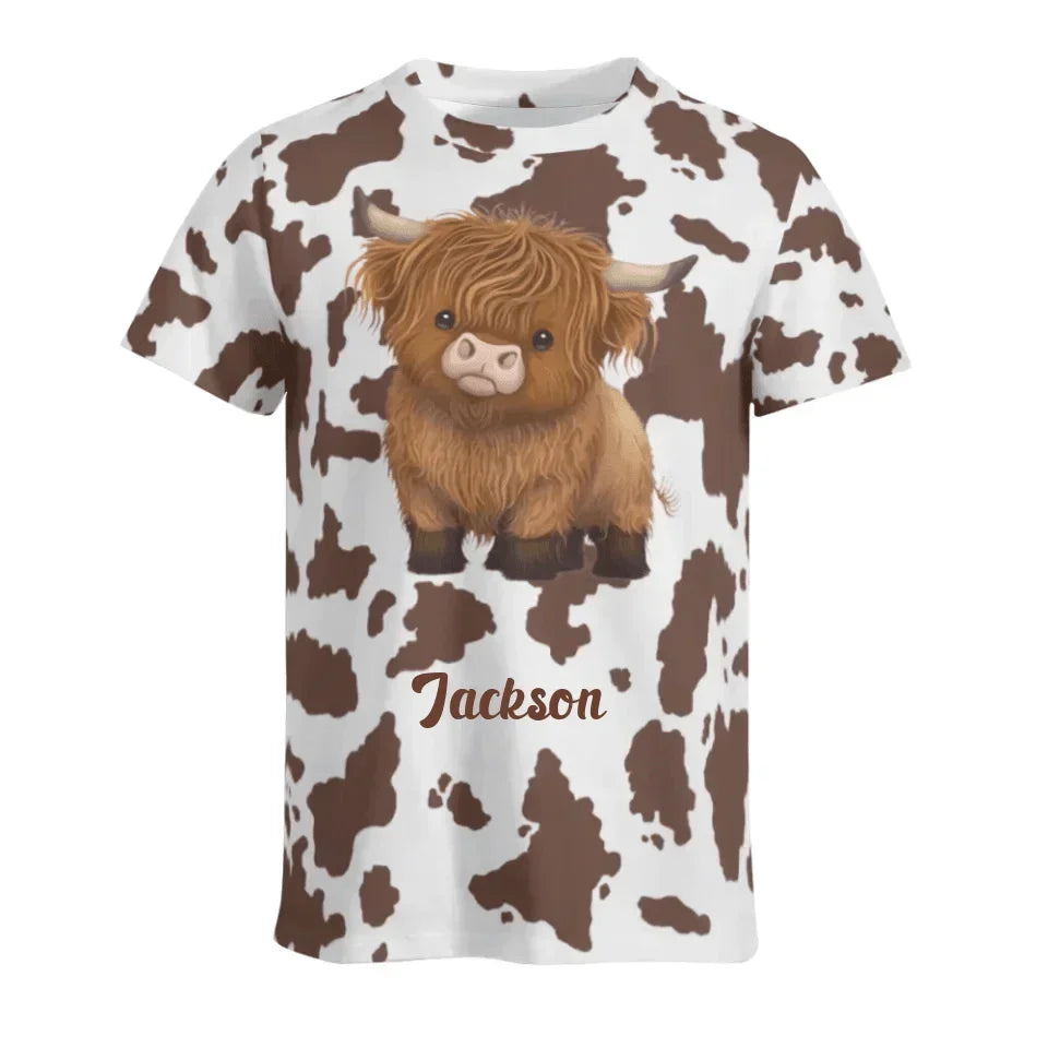 Customized Cow Textured T-shirt - Personalized Name Highland Cow Themed Apparel - A Gift For Highland Cow Lover,Friend,Colleagues - Joliny