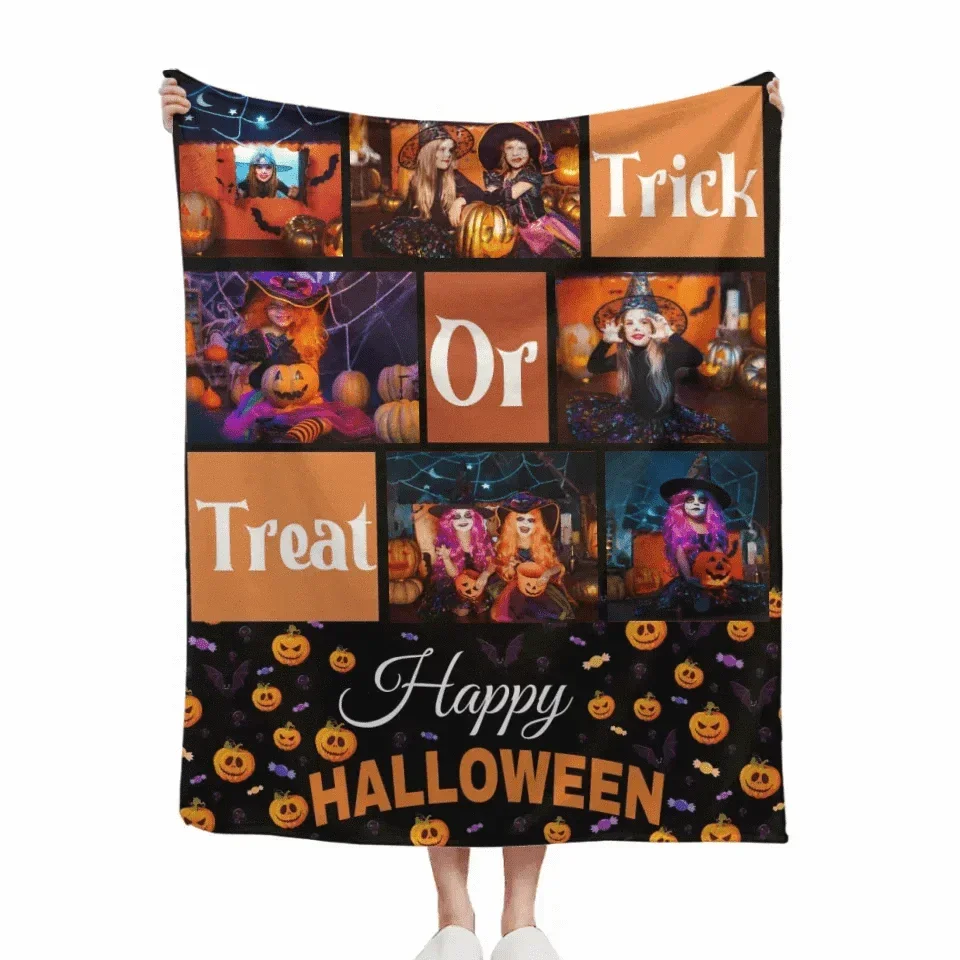Trick Or Treat - Personalised Photo Collage Halloween Blanket - Gifts for Children,Friend,Family