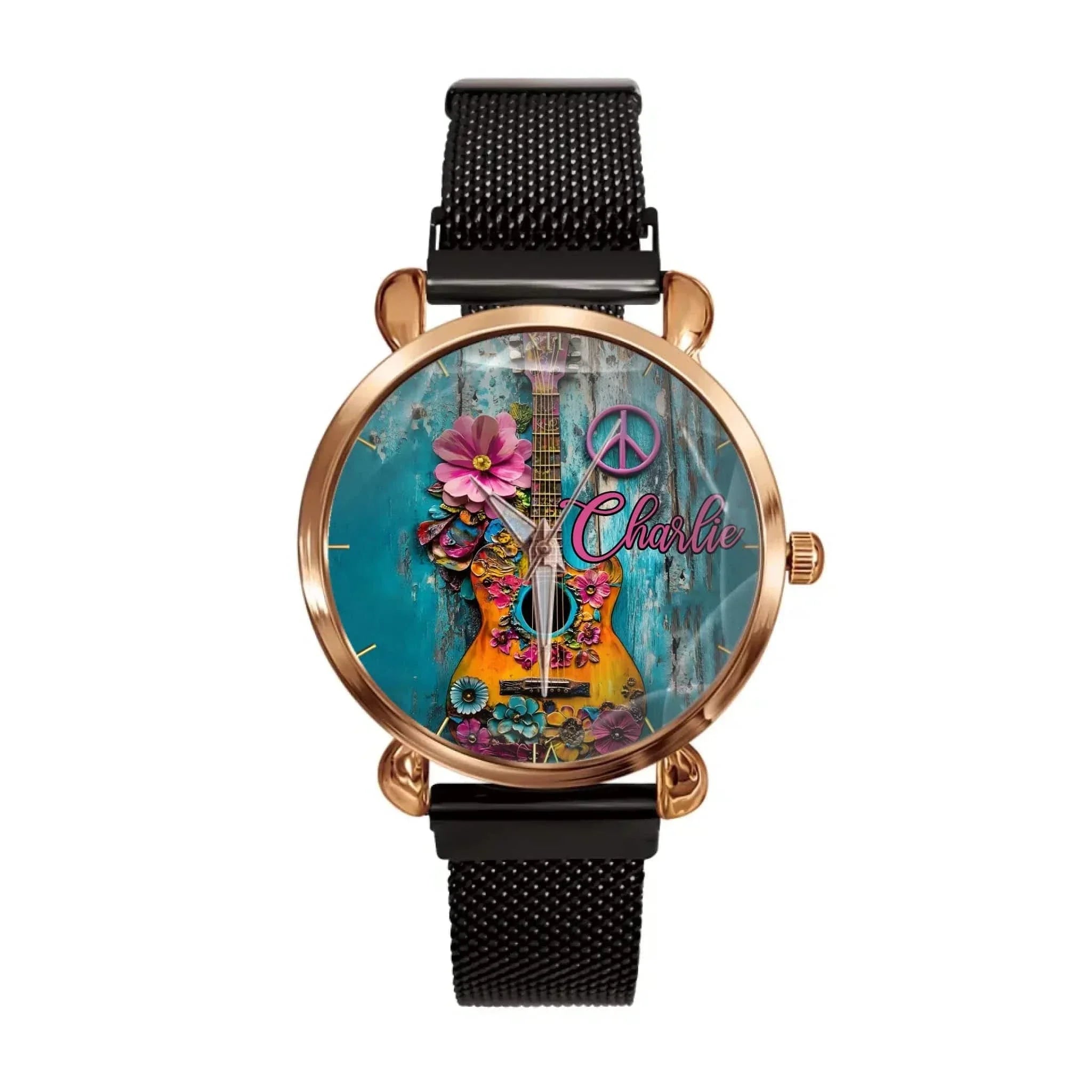 Customized Hippie-Inspired Musical Instrument Watch – Personalized Name Engraved Instrument Patterned Watch - A Gift For Music Enthusiast,Musicians,Friend,BFF