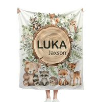Woodland Stump Announcement Small Animal Friends Baby Name Blanket - Forest Animals Bear Fox Raccoon Deer - Joliny