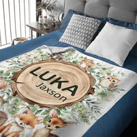 Woodland Stump Announcement Small Animal Friends Baby Name Blanket - Forest Animals Bear Fox Raccoon Deer - Joliny