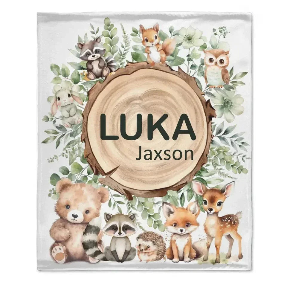 Woodland Stump Announcement Small Animal Friends Baby Name Blanket - Forest Animals Bear Fox Raccoon Deer - Joliny