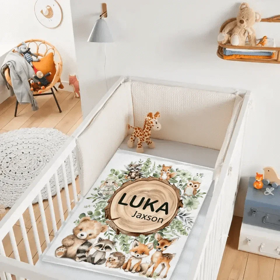 Woodland Stump Announcement Small Animal Friends Baby Name Blanket - Forest Animals Bear Fox Raccoon Deer - Joliny