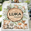 Woodland Stump Announcement Small Animal Friends Baby Name Blanket - Forest Animals Bear Fox Raccoon Deer - Joliny