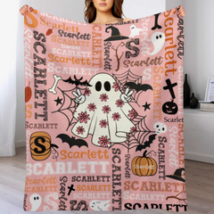 Cute Pink Ghost - Halloween Name Custom Personalized Decorative Blanket - Gift for Girls and Boys