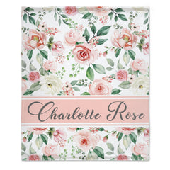 Free Shipping✈️Personalized Pink Floral Rose Custom Name Baby Blanket