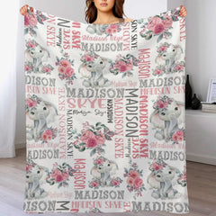 Free Shipping✈️Flower Elephant Baby Girl Name Custom Blanket