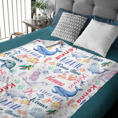 Free Shipping✈️Personalized Whale Sea Animals Custom Name Baby Blanket