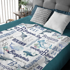 Free Shipping✈️Personalized Ocean Animals Baby Blanket - Personalized Whale Name Blanket - Whales Baby Blanket