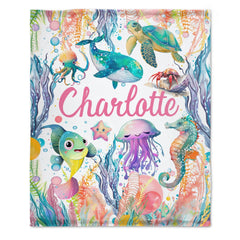 Livraison gratuite✈️Couverture personnalisée avec nom de bébé et tout-petit - Animaux marins aquarelles