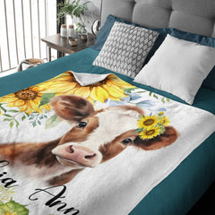 Livraison gratuite✈️Couverture personnalisée pour bébé avec nom personnalisé - Roses aquarelle florales rouges, tournesols, couverture de vache pour animaux de ferme