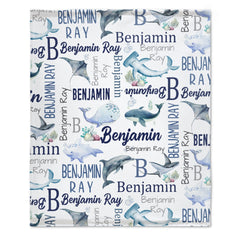 Free Shipping✈️Personalized Ocean Animals Baby Blanket - Personalized Whale Name Blanket - Whales Baby Blanket