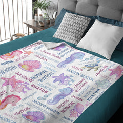 Free Shipping✈️Custom Name Underwater Seahorse Coral Pearl Baby Blanket