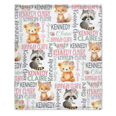 Free Shipping✈️Personalized Girl Pink Floral Woodland Animals Baby Name Blanket