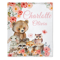 Free Shipping✈️Personalized Custom Baby Girl Woodland Animal Blanket, Floral Woodland Name Blanket