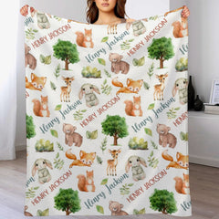 Free Shipping✈️Personalized Forest Animals Theme Baby Name Blanket