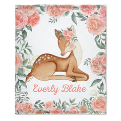 Free Shipping✈️Personalized Girl Woodland Peach Floral Deer Baby Blanket