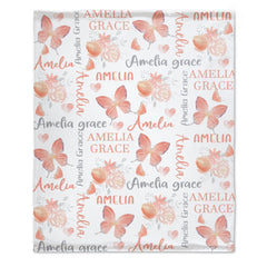 Free Shipping✈️Personalized Butterfly Coral Floral Baby Girl Name Blanket