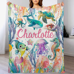 Livraison gratuite✈️Couverture personnalisée avec nom de bébé et tout-petit - Animaux marins aquarelles