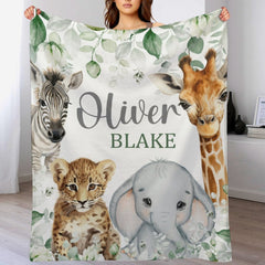 Free shipping✈️Safari Animals Baby Blanket, Jungle Greenery Eucalyptus Leaves Personalized Boy Girl Name Blanket