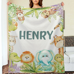 Free Shipping✈️ Personalized Custom Name Jungle Cute Animals Baby Blanket - Baby Shower Gifts