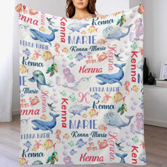 Free Shipping✈️Personalized Whale Sea Animals Custom Name Baby Blanket