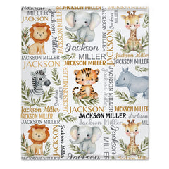 Free Shipping✈️Watercolor Safari Animal Personalized Name Baby Blanket