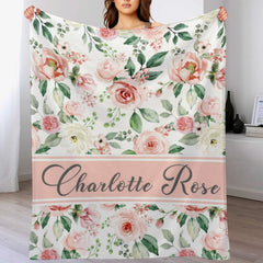 Free Shipping✈️Personalized Pink Floral Rose Custom Name Baby Blanket