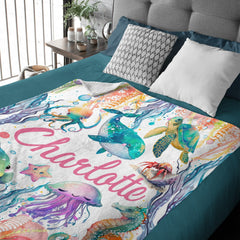 Free Shipping✈️Personalized Baby Toddler Name Blanket-Watercolor Sea Animals