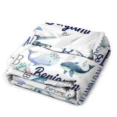 Free Shipping✈️Personalized Ocean Animals Baby Blanket - Personalized Whale Name Blanket - Whales Baby Blanket