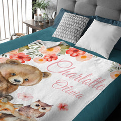 Free Shipping✈️Personalized Custom Baby Girl Woodland Animal Blanket, Floral Woodland Name Blanket