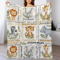 Free Shipping✈️Watercolor Safari Animal Personalized Name Baby Blanket