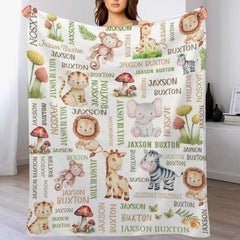 Free Shipping✈️Custom Name Safari Animals Lion Giraffe Elephant Baby Blanket