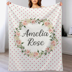 Free Shipping✈️Personalized Name Custom Blanket - Toddler baby Girl Pink Rose Pink Polka Dot Sherpa - Personalized Baby Shower Gift