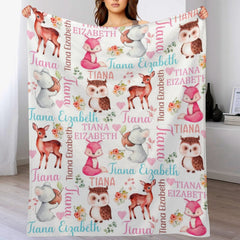 Free Shipping✈️Woodland Animals Personalized Baby Girl Blanket