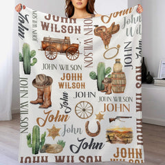 Free shipping✈️Custom Western Name Baby Blanket, Personalized Cowboy Cactus Baby Blanket