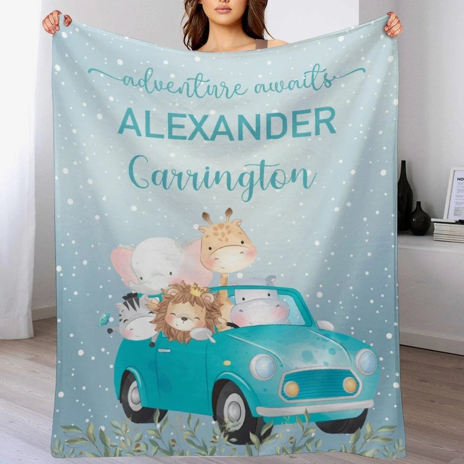 Blue Adventure Awaits Watercolor Safari Animals Custom Name Blanket