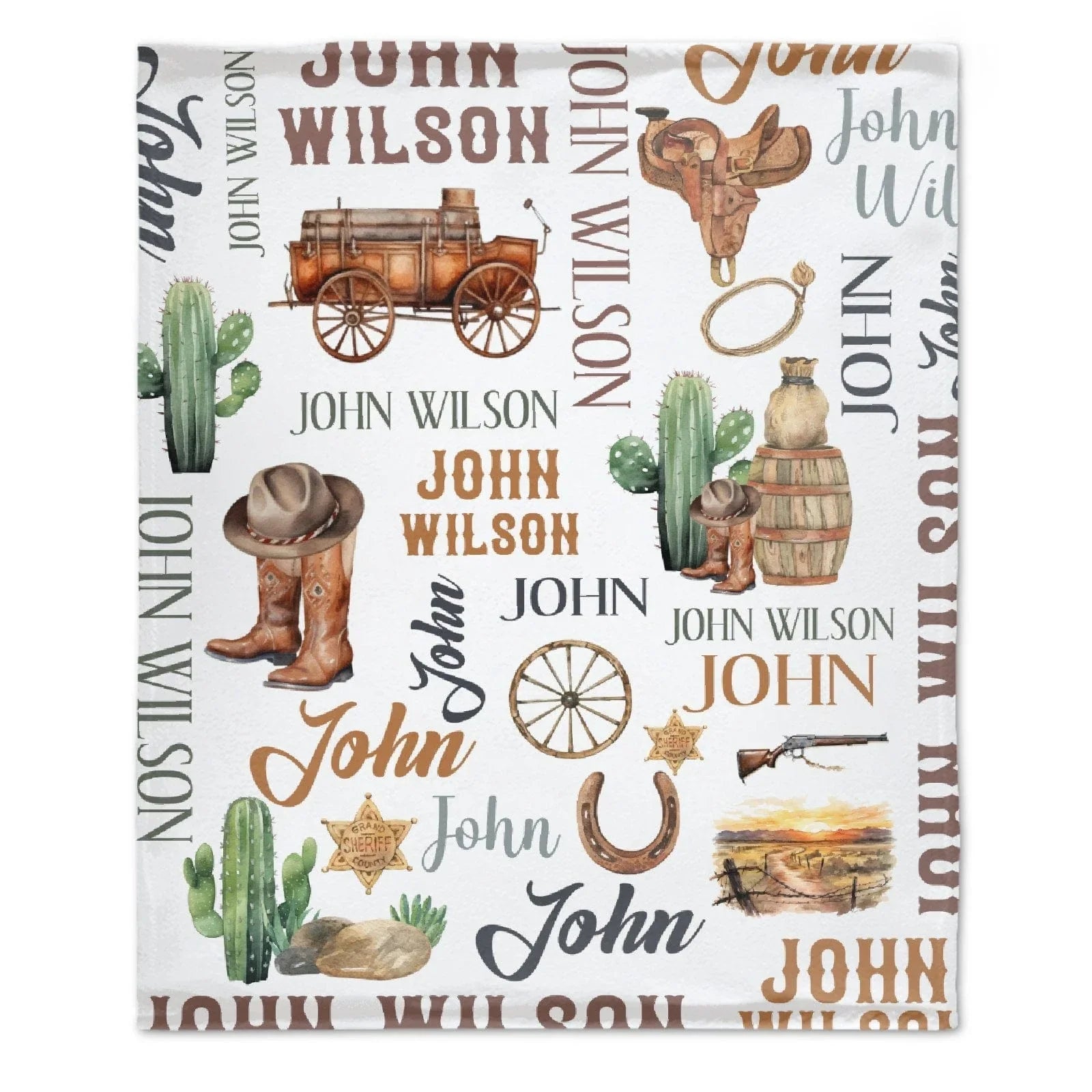 Custom Western Name Baby Blanket, Personalized Cowboy Cactus Baby Blanket